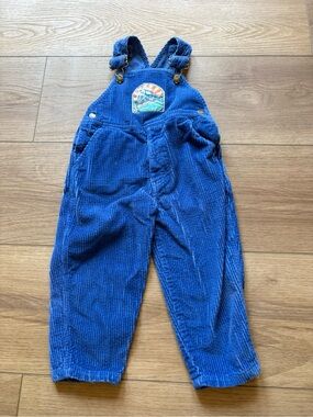 Vintage Kids Blue Corduroy Overalls 3T Train Patch Hush Puppies